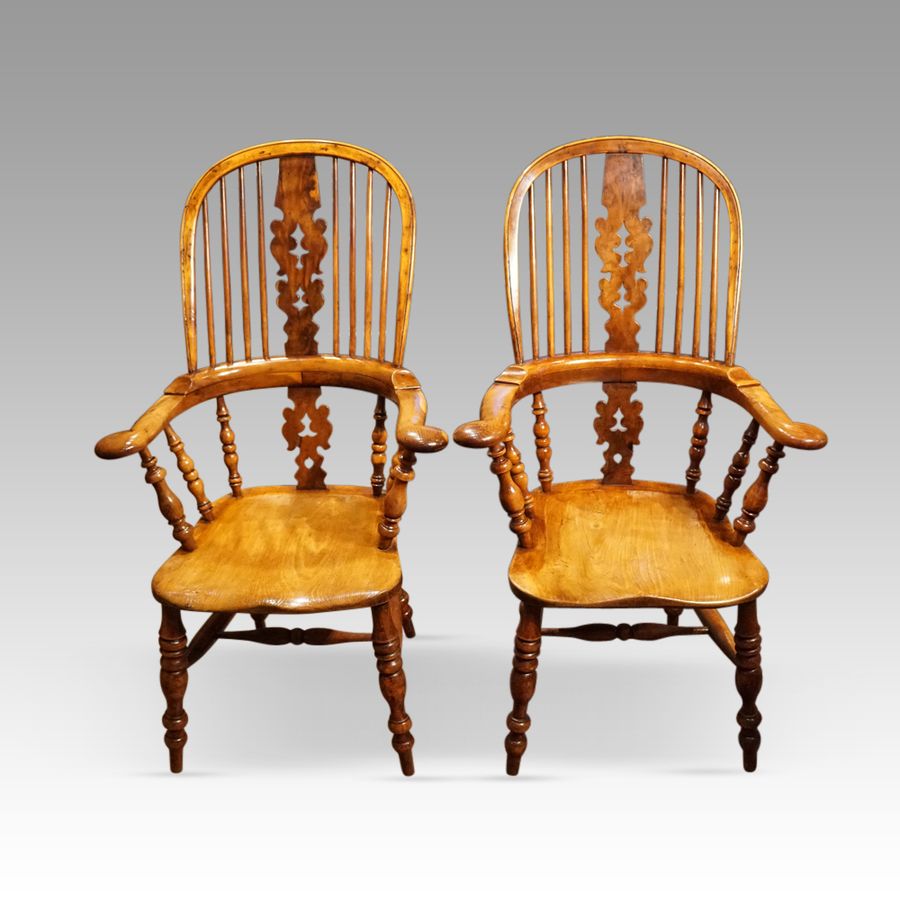 Pair Victorian Yew Broad Arm Windsor chairs