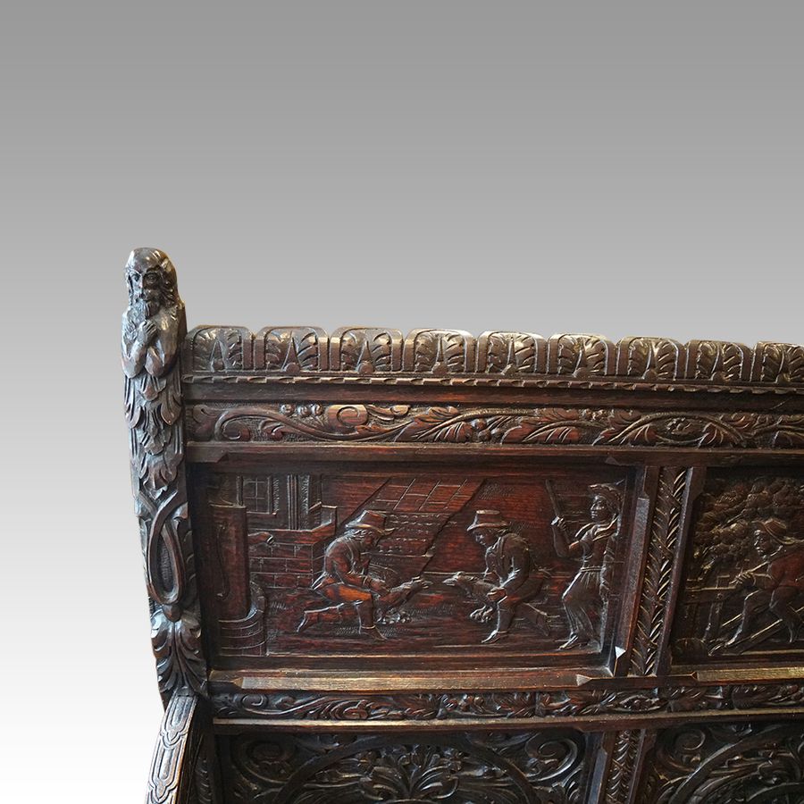 Antique Victorian cock fighting carved oak settle