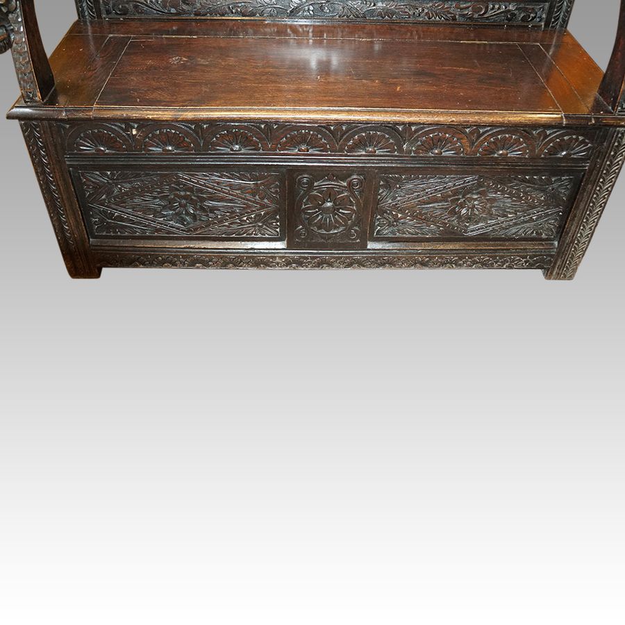 Antique Victorian cock fighting carved oak settle