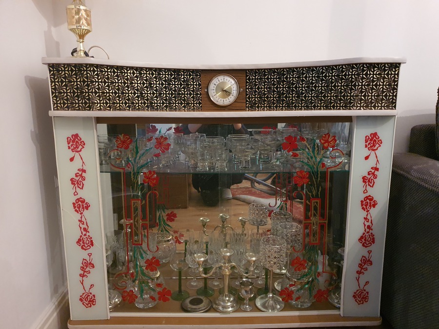Bar Cabinet - 1950-60s style deco with hand painted flowers on glass