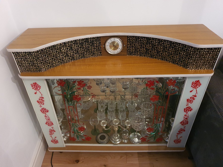 Antique Bar Cabinet - 1950-60s style deco with hand painted flowers on glass