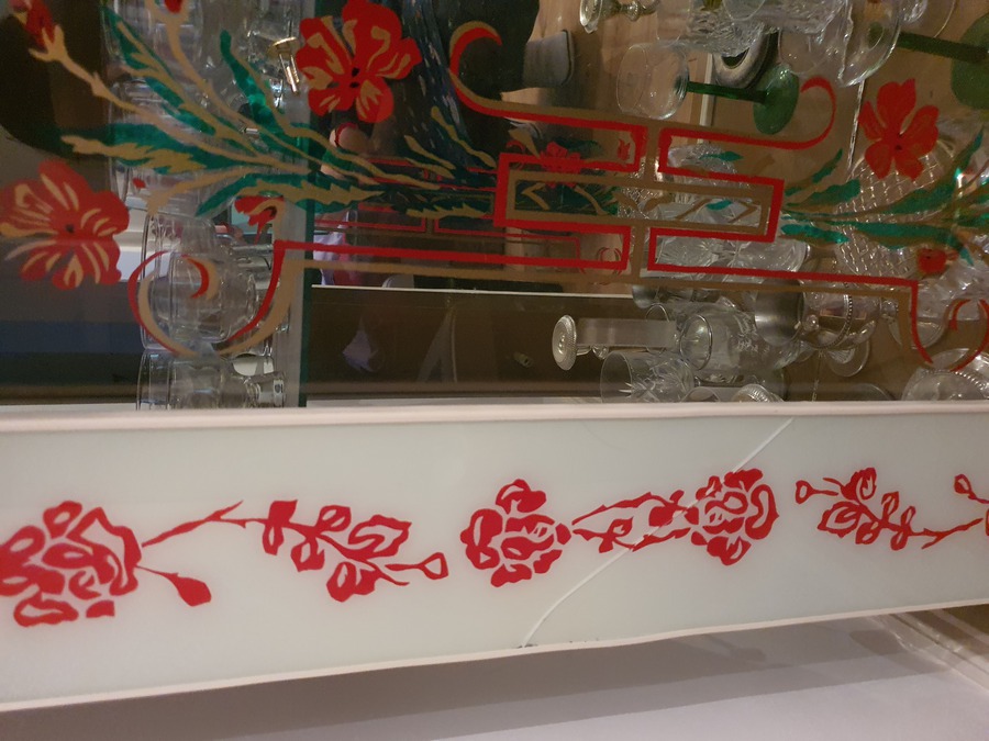 Antique Bar Cabinet - 1950-60s style deco with hand painted flowers on glass