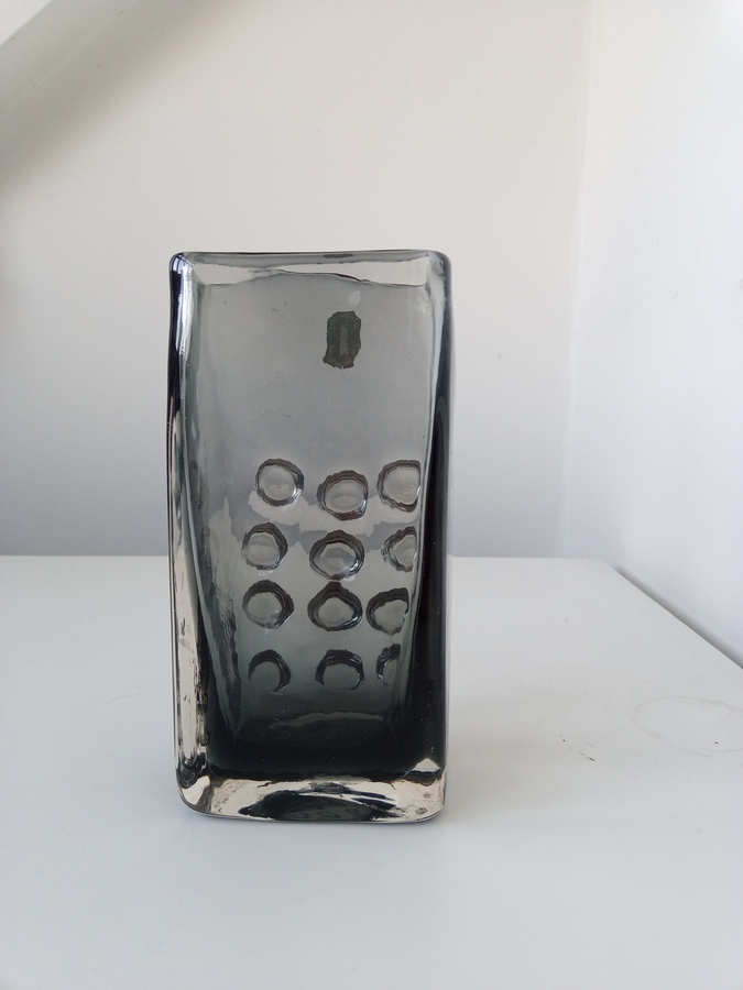 Antique Whitefriars Mobile Phone Vase by Geoffrey Baxter, in Pewter Colourway, with original label
