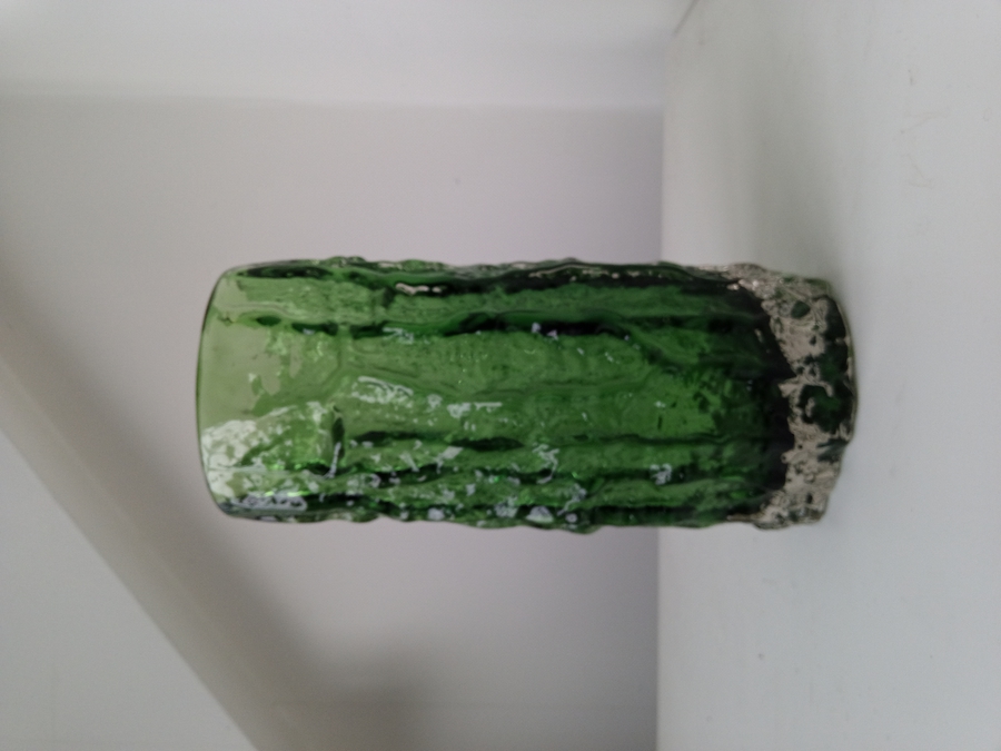 Antique Whitefriars Glass Bark Vase, Meadow Green colourway, designed by Geoffrey Baxter, Circa 1967
