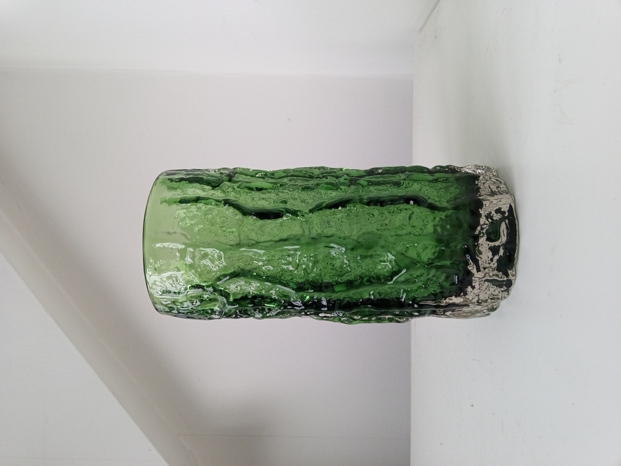 Antique Whitefriars Glass Bark Vase, Meadow Green colourway, designed by Geoffrey Baxter, Circa 1967