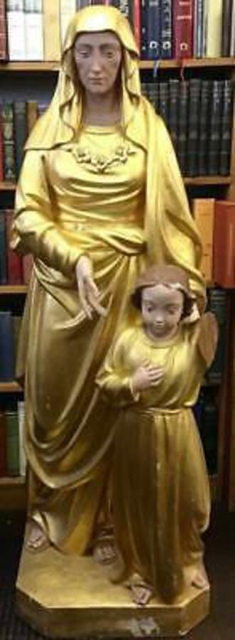 Huge ANTIQUE WOODEN RELIGIOUS SCULPTURE Saint & Child RARE LONDON MAKER