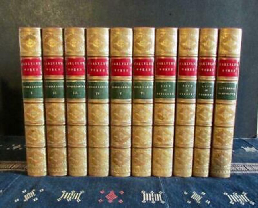 1869 WORKS Of THOMAS CARLYLE 10 x Volumes FINE FULL TREE CALF LEATHER BINDINGS