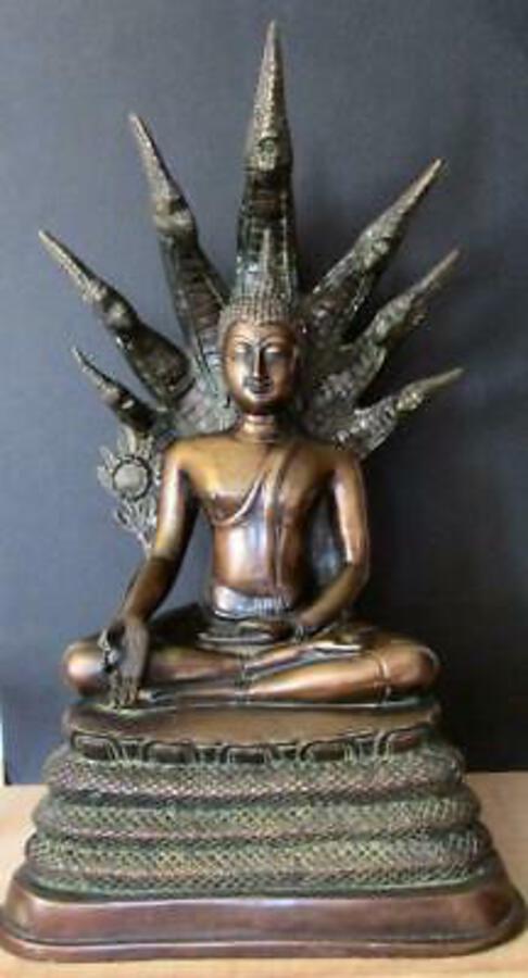 BUDDHIST STATUE With SNAKE/SERPENT Very Large Old Metal Sculpture JANISM