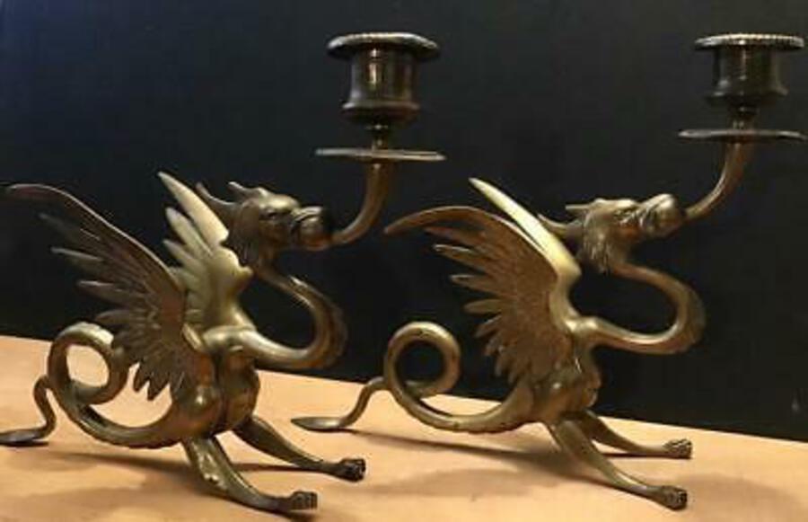 Fine PAIR Of ANTIQUE BRASS DRAGONS Unusual Candlesticks HIGHLY DECORATIVE