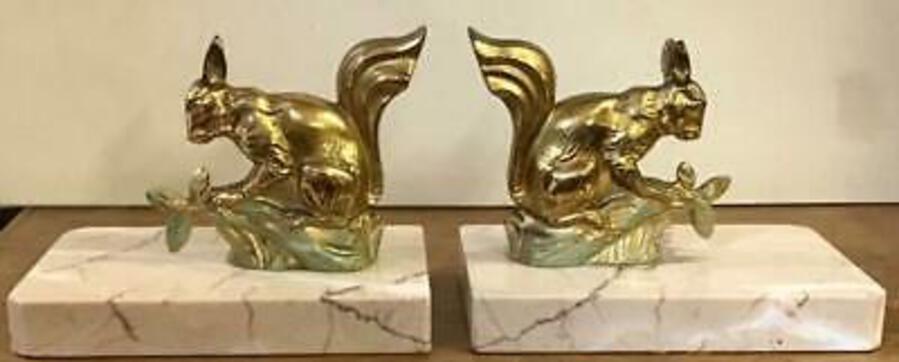 PAIR of Antique ART DECO SQUIRREL BOOKENDS Gilt Spelter MARBLE BASES