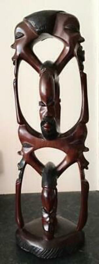 Unusual LARGE HAND CARVED Wooden Vintage AFRICAN SCULPTURE Tower Of Faces