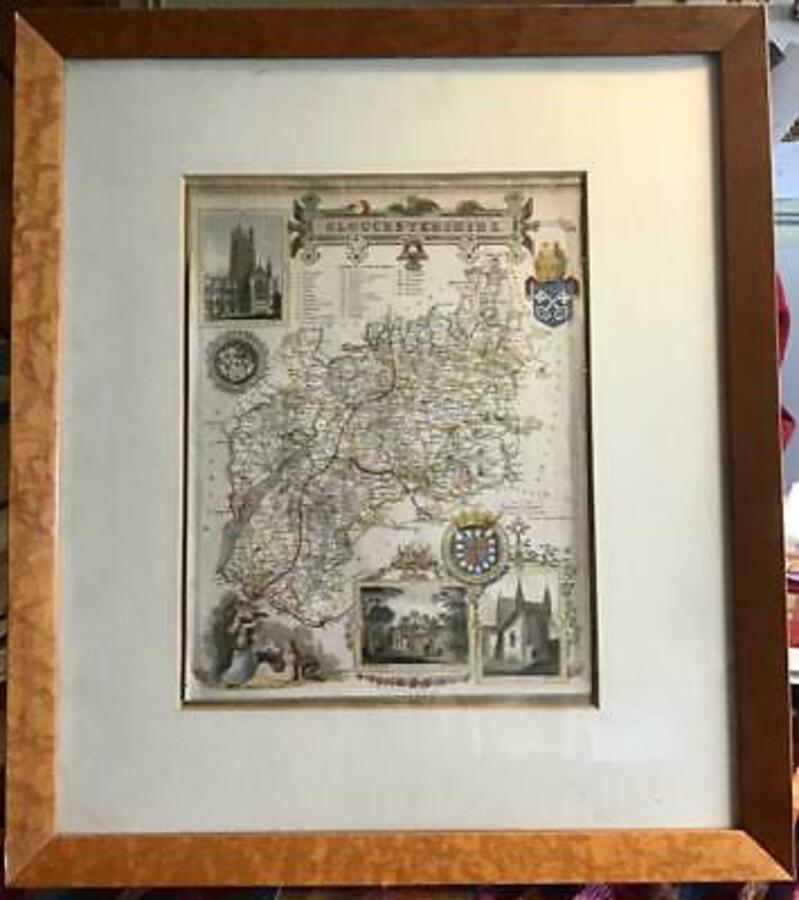 Original 1850 HAND COLOURED MAP Of GLOUCESTERSHIRE By T MOULE Framed