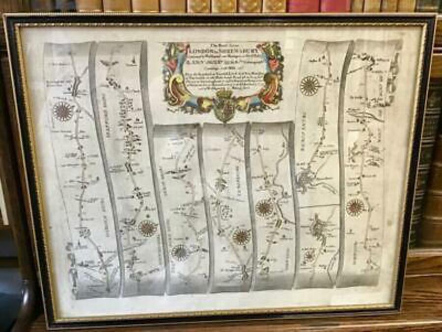 1680 JOHN OGILBY ROAD MAP London To Shrewsbury HAND COLOURED & Framed