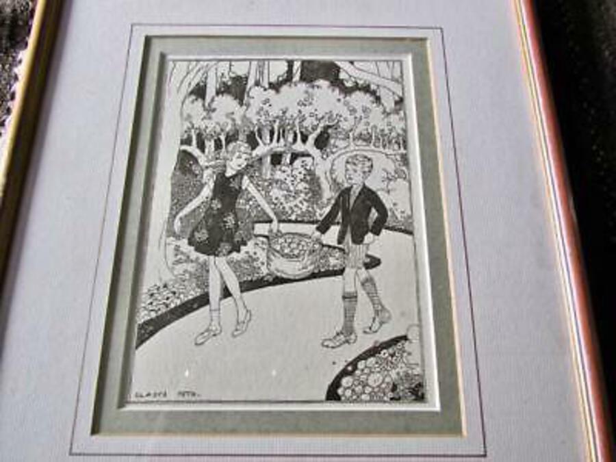 Original 1920's GLADYS PETO Children's Print COLLECTING APPLES Framed