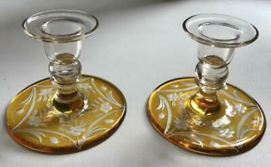 Unusual PAIR of VINTAGE CZECH GLASS DECORATED CANDLESTICKS Amber Coloured