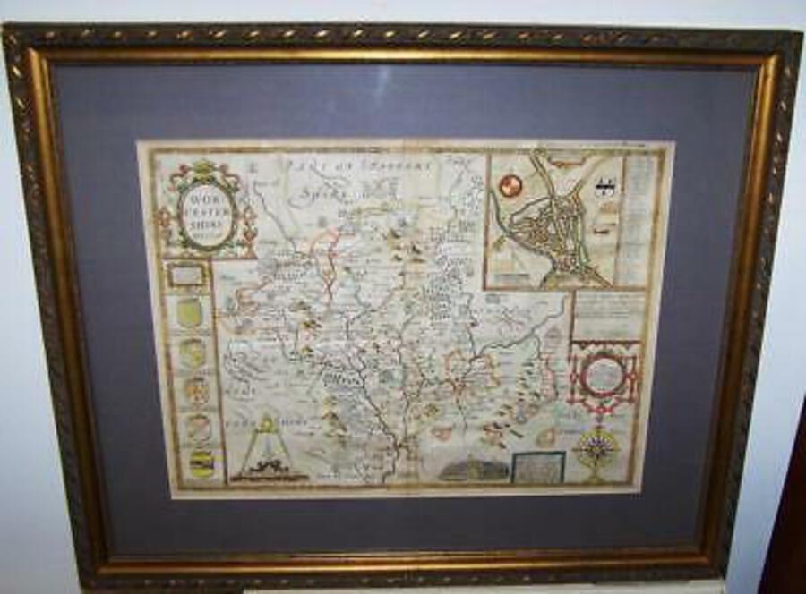 Original 1676 JOHN SPEED MAP Of WORCESTERSHIRE Early Hand Colour FRAMED