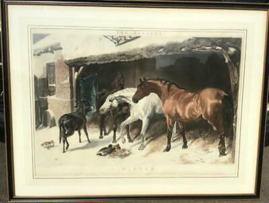 Huge VICTORIAN LITHOGRAPH PRINT of HORSES IN WINTER By J F HERRING Framed
