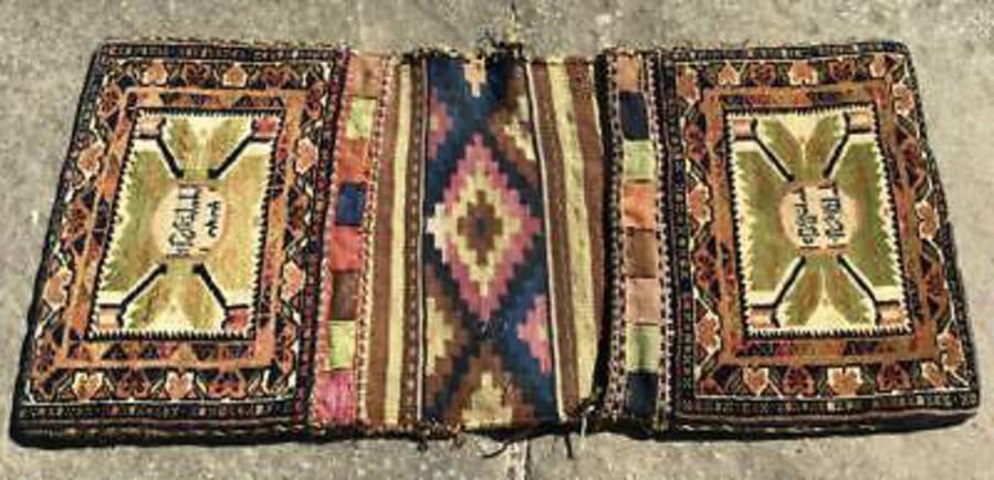 Old PAIR Of FINE MIDDLE EASTERN SADDLE BAGS Hand Woven UNUSUAL GREEN COLOURING