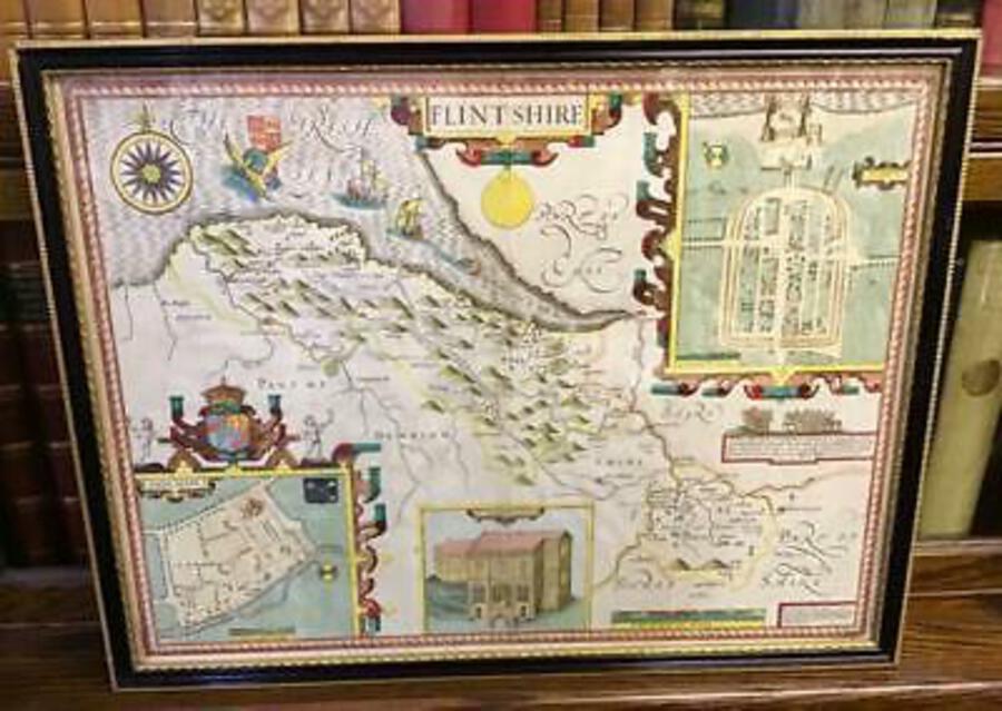 1620 Original 17th century JOHN SPEED MAP of FLINTSHIRE North Wales COLOURED