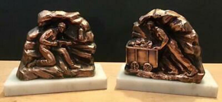 Unusual Pair OLD BOOKENDS in The Shape Of COAL MINERS On Marble Bases