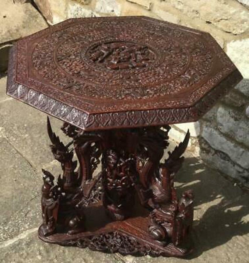 High Quality ANTIQUE Hand Carved BURMESE OCCASIONAL TABLE Carved Base & Top