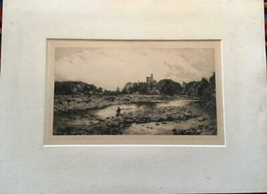 Late Victorian SIGNED FRED SLOCOMBE ETCHING of FLY FISHING RIVER SCENE