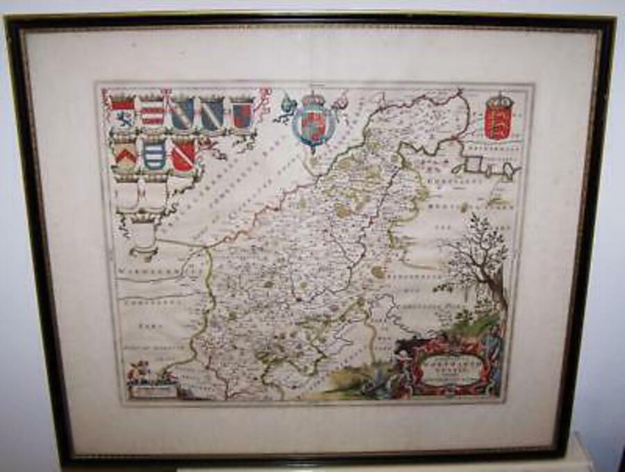 Original 1650 JOHANNES BLAEU MAP Of NORTHAMPTONSHIRE Framed & HAND COLOURED