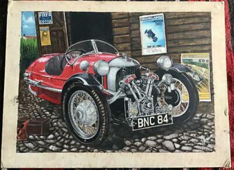 Rare ORIGINAL HAND PAINTED PICTURE of MORGAN THREE WHEELER CAR Signed Painting