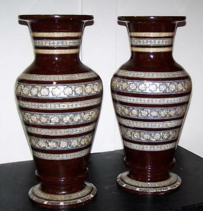 Pair LARGE DECORATIVE Vintage ARABIC WOODEN VASES Mother Of Pearl Inlay