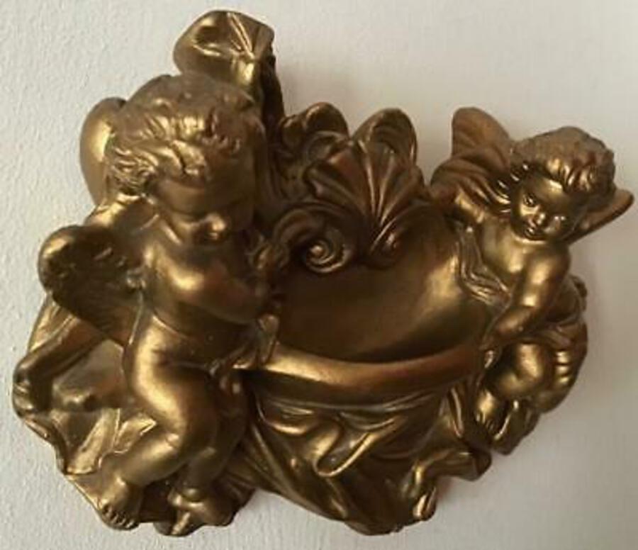 Antique GILT MINIATURE FONT With CHERUBS Angels EITHER SIDE Hanging Wall Plaque