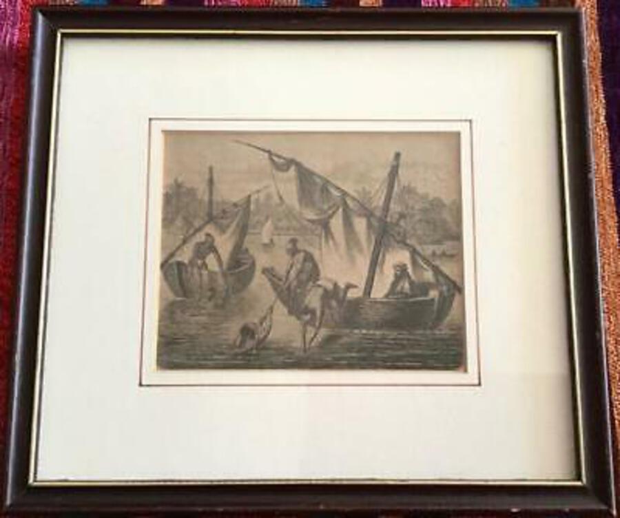 Original 19th CENTURY Pen & Ink SKETCH of SOUTH SEA ISLANDS Boats Framed