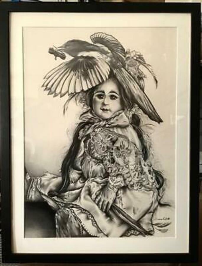 Large Original PENCIL DRAWING By SUSAN WELLS Victorian Doll BIRDS Spooky Sketch