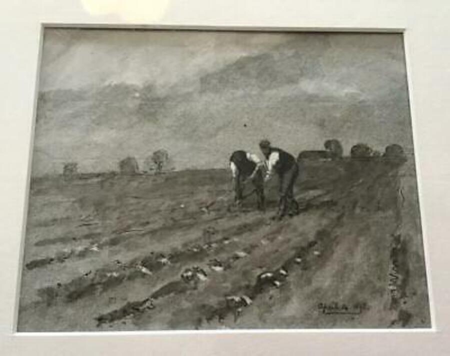 Original VICTORIAN PEN & INK SKETCH Farm Workers Field Labourers DATED 1898
