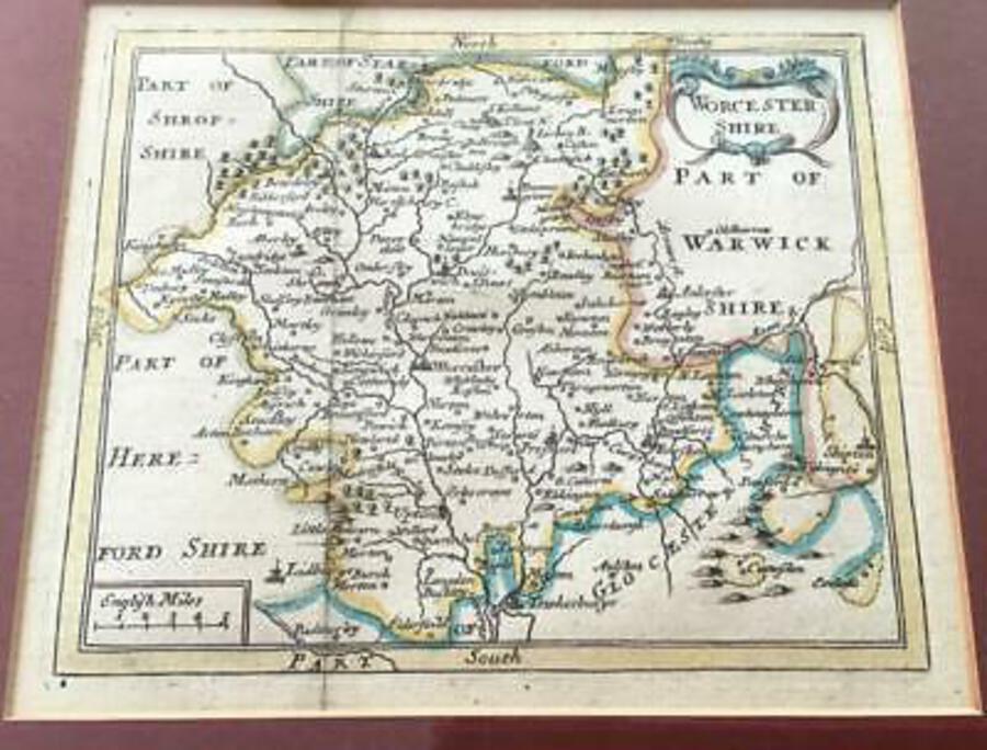 Original 18th CENTURY Miniature Map Of WORCESTERSHIRE Hand Coloured & FRAMED