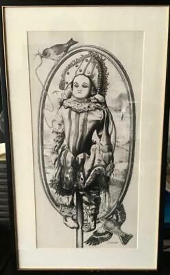 Large Original PENCIL DRAWING By SUSAN WELLS Victorian Doll BIRDS Spooky Image