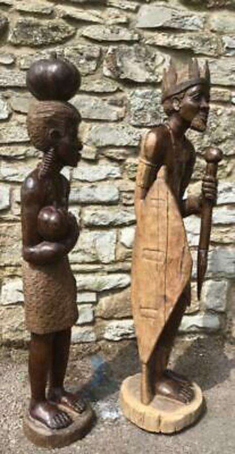 Huge PAIR Of ANTIQUE AFRICAN FIGURES King & Queen VERY DECORATIVE CARVINGS