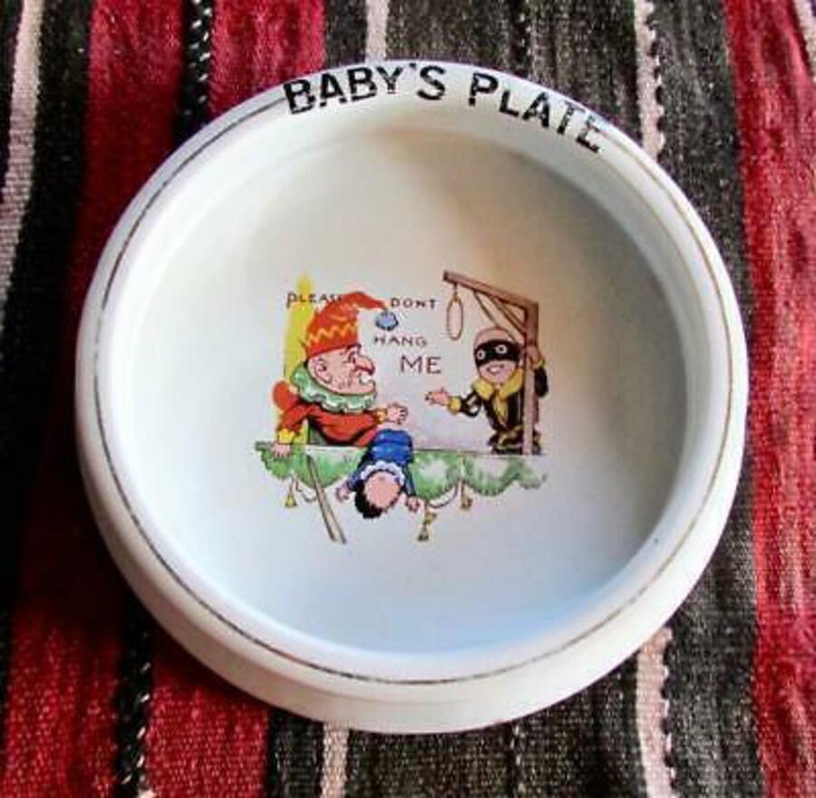 Rare ANTIQUE BABY'S PLATE Please Don't Hang Me PUNCH & JUDY DESIGN C.1910