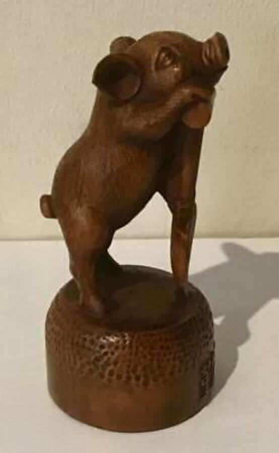 Old MINIATURE Asian BOXWOOD CARVING of PIG & SPADE High Quality Figure