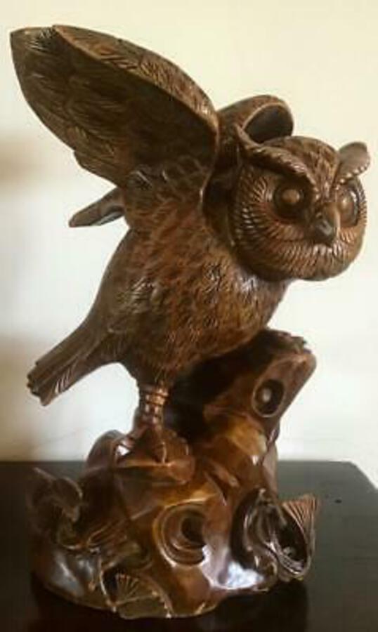 Life Sized OLD WOODEN BIRD CARVING Large Carved Owl On Plinth FINE QUALITY
