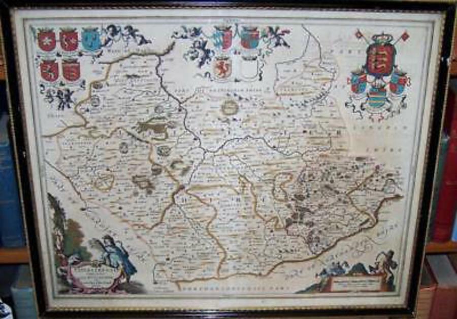 Original 1645 COPPER ENGRAVED MAP Of LEICESTERSHIRE Hand Coloured By J BLAEU
