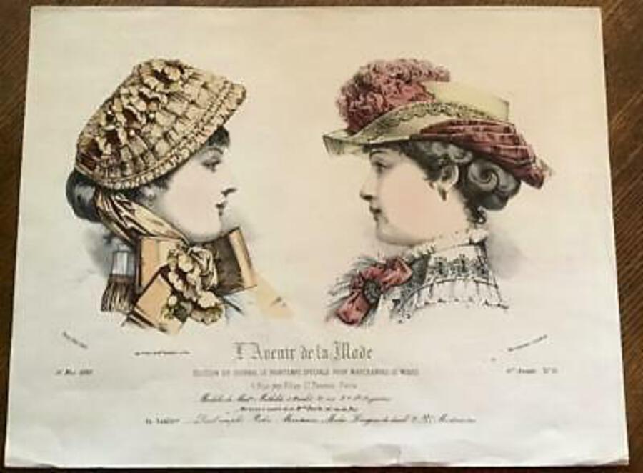 Original 19th Century MILLINER ENGRAVING French Hand Coloured LADIES HAT PRINT
