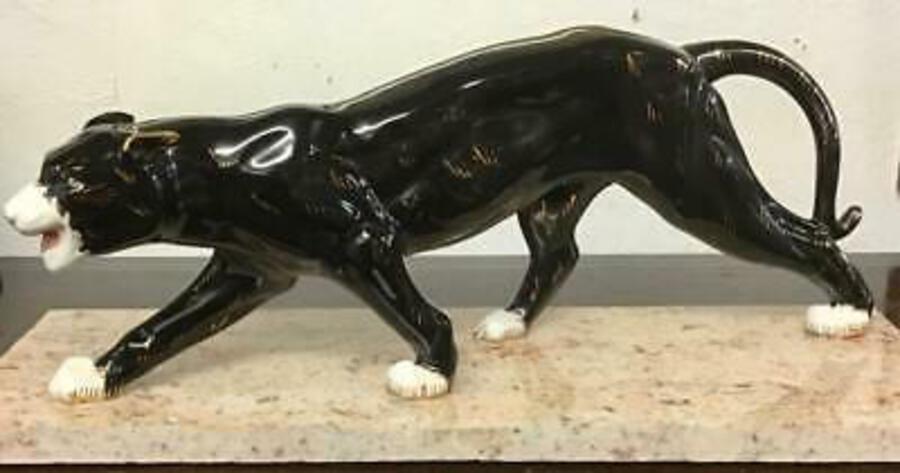 Large UNUSUAL Mid 20th Century PANTHER SCULPTURE Marble Base Circa 1950’s