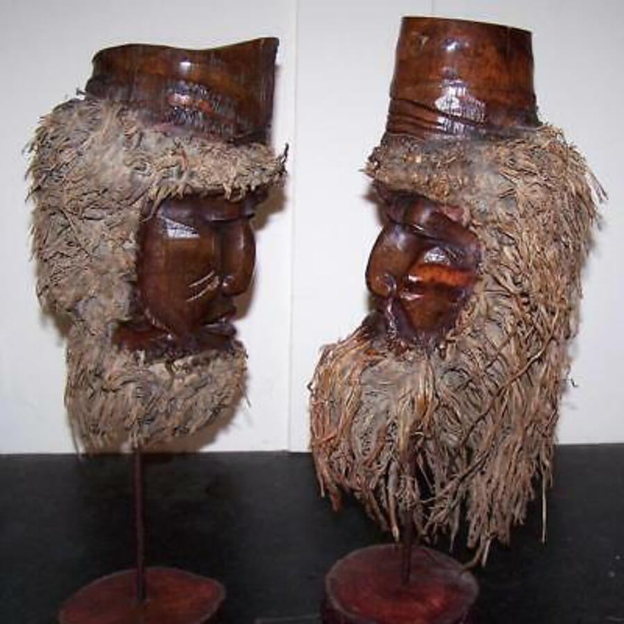 Two ANTIQUE JAPANESE ROOT CARVINGS Unusual ASIAN GENTLEMEN Hand Carved on STANDS