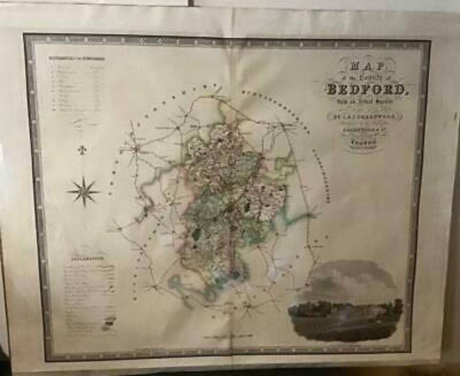 Original Large 1834 COUNTY MAP By GREENWOOD & CO Of BEDFORD Hand Coloured