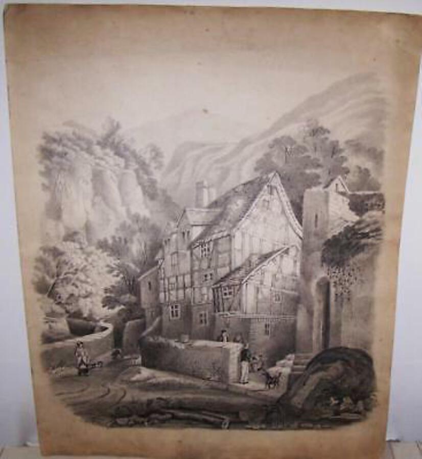 LARGE Impressive 19th CENTURY PENCIL DRAWING Country House People Dogs SCENE