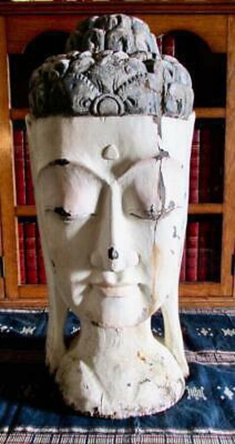 Huge Asian ANTIQUE BUDDHA HEAD Almost 2ft High HAND CARVED & PAINTED WOOD