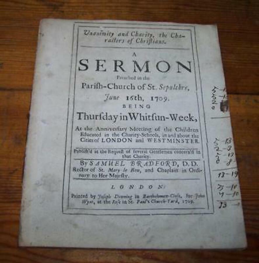 Original 1709 SERMON For CHILD EDUCATION In CHARITY SCHOOLS Westminster LONDON