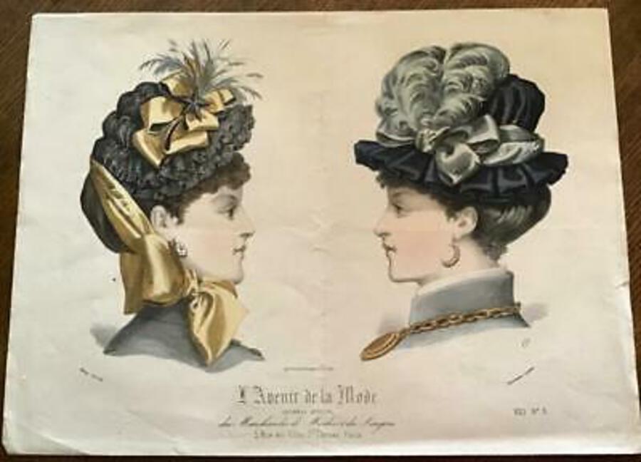 Original 19th Century MILLINER ENGRAVING French Hand Coloured Fashion HAT PRINT