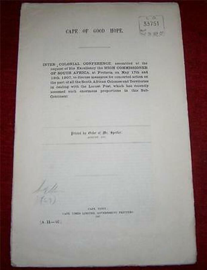 1907 Rare SOUTH AFRICAN DOCUMENT On PEST CONTROL Of LOCUSTS