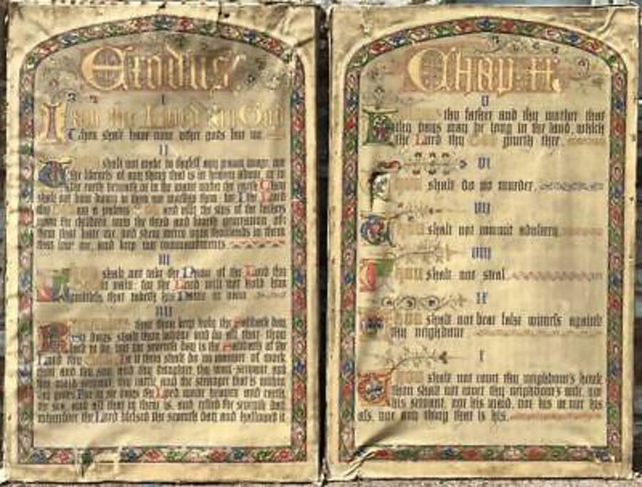 TWO x 5ft ANTIQUE HAND PAINTED RELIGIOUS PANELS on COTTON The Ten Commandments